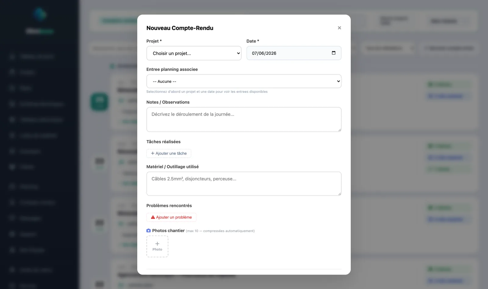Le formulaire de compte-rendu de chantier Ohmbase