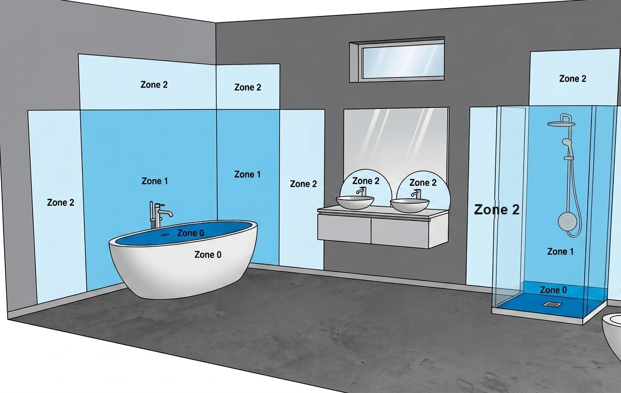 Schéma des volumes de sécurité d'une salle de bains (baignoire, vasque, douche)